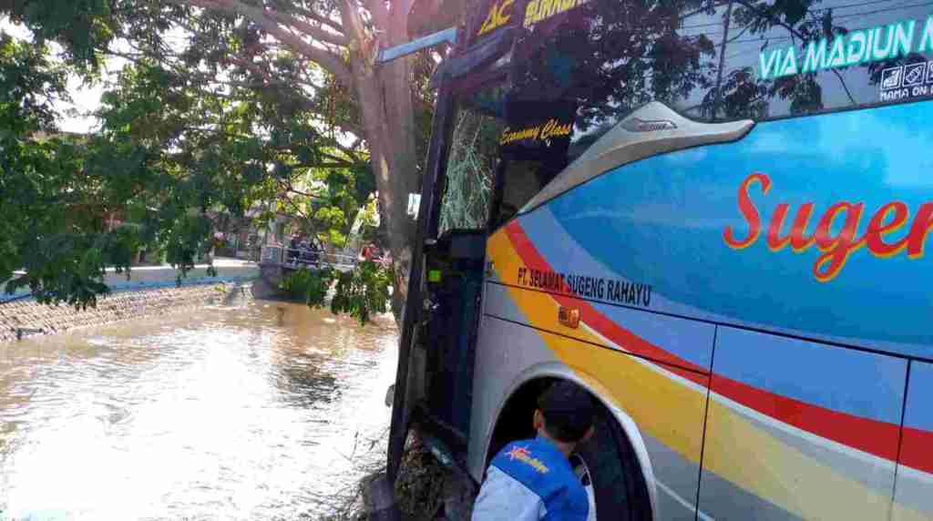 Sopir Kaget Hindari Sesuatu, Brakk! Bus Berpenumpang Tabrak Pohon di&nbsp;Jombang